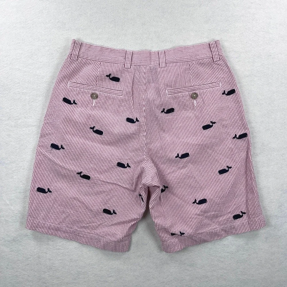 J.Crew Mens Red White Seersucker Whale Embroidered Shorts Size 30 Preppy